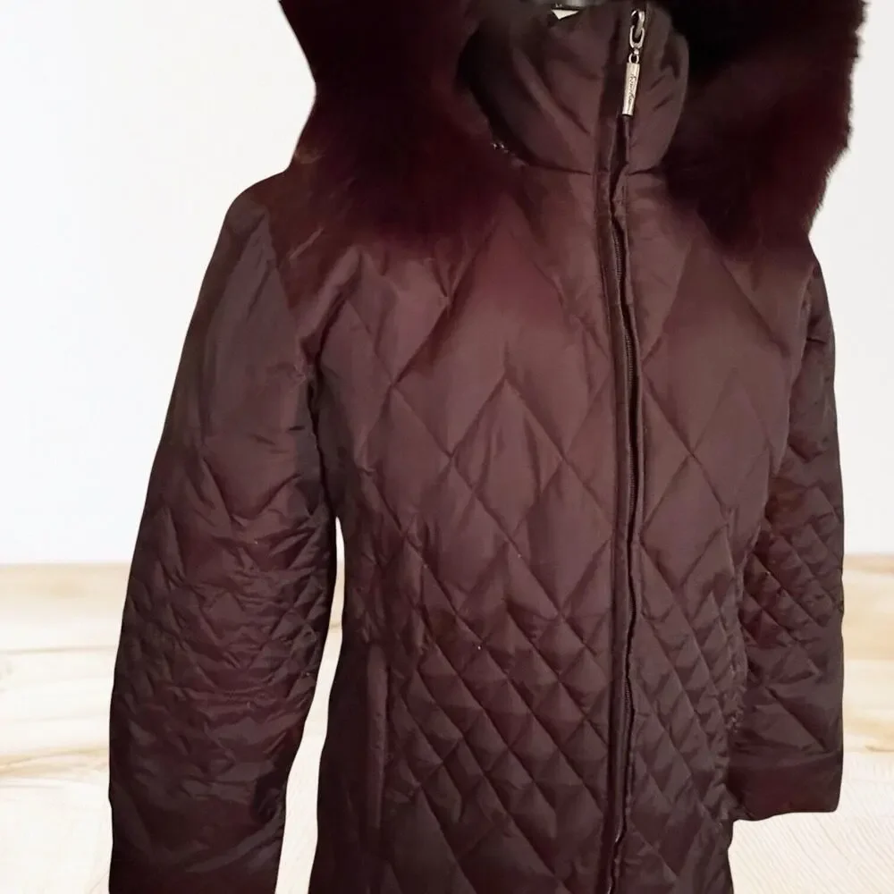 Vintage Regency Down Puffer‎ Coat Sz S Plum Fur Trim Hood Diamond Quilting $490